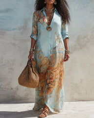 Silk Texture Abstract Print Relaxed Maxi Shirt Dress