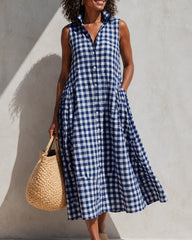 Button Front Collared Classic Plaid Sleeveless Casual Dress