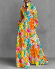 Long Sleeves Buttoned Contrast Color Pleated Pockets Printed Lapel Maxi Dresses Shirt Dress