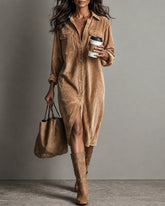 Lapel Collar Button‑Front Long Sleeve Corduroy Shirt Midi Dress