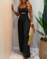 Women's Cut-out Cami Jumpsuit Adjustable Shoulder Straps with Pockets Backless Tie-Back Ruched High Waist Romper