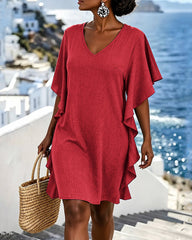 Women's Solid Color V-neck Short-sleeve Casual Loose Cotton-linen Dress