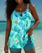 Mid Waisted Marine Life Print Tummy Coverage Tankini Set