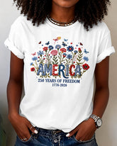 100% Cotton America 250 Years USA Floral Crew Neck Short Sleeve Tshirt