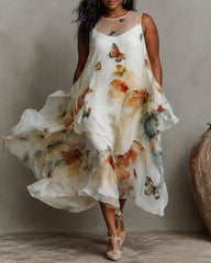 Butterfly Print Casual Crew Neck Flowy Chiffon Maxi Dress