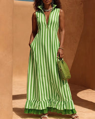 Zipper Striped Split-Joint Ruffled Pockets Contrast Color Sleeveless Loose Stand Collar Maxi Dresses