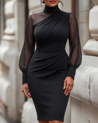 High Neck Lantern Sleeve Mesh Panel Slim Bodycon Dress