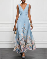 Light Blue Floral Chiffon V Neck Sleeveless A-Line Maxi Dress