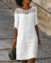 Half Sleeve V Neck White Lace Dress