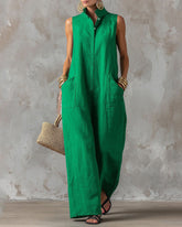 Stand-up Collar Sleeveless Linen Button-down Loose Wide-leg Jumpsuit