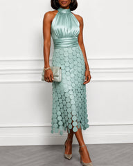 Satin Ruched Halter Neck Sleeveless A-Line Midi Dresses