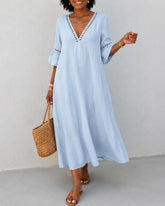 V-neck Solid Color Cotton and Linen Hollow-out Patchwork Dress