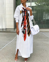 Tie and Accessory Combination Printed Oversized Loose-fitting Drop-shoulder Long Shirt Dress