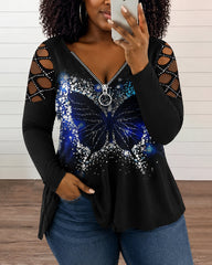 V-neck Rhinestone Cutout Long-sleeved Loose T-shirt