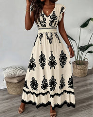 Women's Elegant Short Sleeve V-Neck High Waist Elastic Waistband Boho Pattern Print Maxi Dress