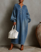 Washed Denim Henley Collar Lantern Sleeve Dress