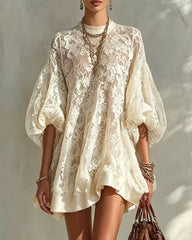 Puffed Sleeve See-through Lace Frill Mini Dress