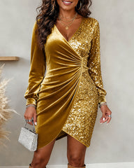 Women Velvet Sequin Patchwork Wrap Mini Dress