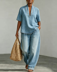 High-quality Casual Vintage Denim V-neck Short-sleeve Top and Pants Set