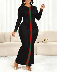Simple Stripes Prints Round Neck Long Sleeve Bodycon Dress