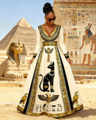 V Neck Black Culture Egyptian Cats Long Sleeves Maxi Dress