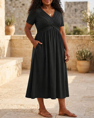 Rossover V-Neck Midi Dress with Pockets