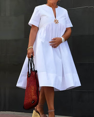Vacation Floral Brooch Loose Plain Midi Dress