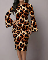 Sexy Leopard Print Flared Sleeves Midi Bodycon Dresses