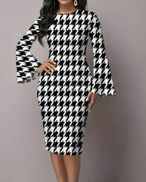 Classic Houndstooth Flared Sleeves Midi Bodycon Dresses