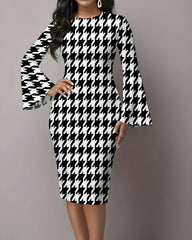 Classic Houndstooth Flared Sleeves Midi Bodycon Dresses