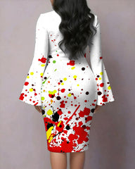 Reggae Color-Block Splash Ink Print Flared Sleeves Mini Dresses