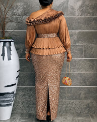 Plus‑Size Pleated Ruffle Peplum Sequin Maxi Dress