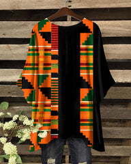 Orange Ankara Splicing Print Round Neck Irregular Shirt