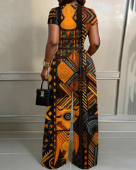 African Tribal Print Abstract Design Print High Waist Wide-leg Women's Two-piece Set