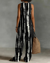 Tie-dye Geometric Patterns Linen Blend Sleeveless Jumpsuit With Zipper And Stand Collar