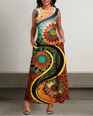 Crew Neck Sun Tribe Totem Sleeveless Pockets Maxi Dress