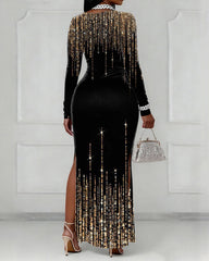 V-neck Women's Party Wear Sequin Printed Long Sleeve Bodycon Dress