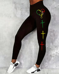 Reggae Color Faith Cross High-waisted Fitted Stretchy Leggings