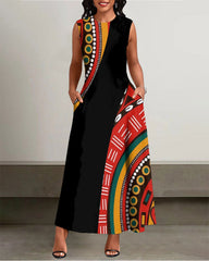 Crew Neck Geometric Ethnic Seamless Pattern Sleeveless Pockets Maxi Dress