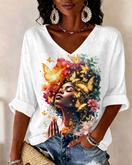 Watercolor Black Woman Praying V-neck Half Sleeved Loose Top