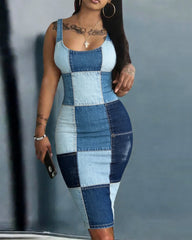 Fun Denim Patch Print Bodycon Scoop Neck Mini Dress-Not Faux Denim Fabric