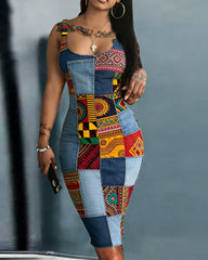 Denim Floral Patchwork Print Bodycon Scoop Neck Mini Dress-Not Faux Denim Fabric