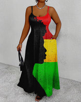 Afro messy bun Juneteenth Print Suspenders Maxi Dress