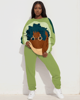Afro Girl with Earrings Print Long Sleeve Sweatshirt Two Pieces Set