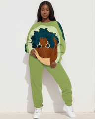 Afro Girl with Earrings Print Long Sleeve Sweatshirt Two Pieces Set