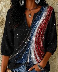 250th Anniversary Color Block Stripes Print V‑Neck 3/4 Sleeve Blouse