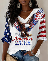250th Anniversary Colorful Flying Eagle Print V-neck Half Sleeved Loose Top