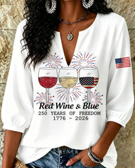 250th Anniversary Fun Wine Glasses Print V‑Neck 3/4 Sleeve Blouse