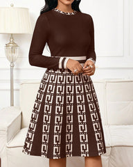 Elegant Striped Geometric Curve Patchwork Round Neck Long Sleeves Midi Dress