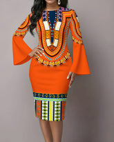 African Ethnic Prints Flared Sleeves Midi Bodycon Dresses